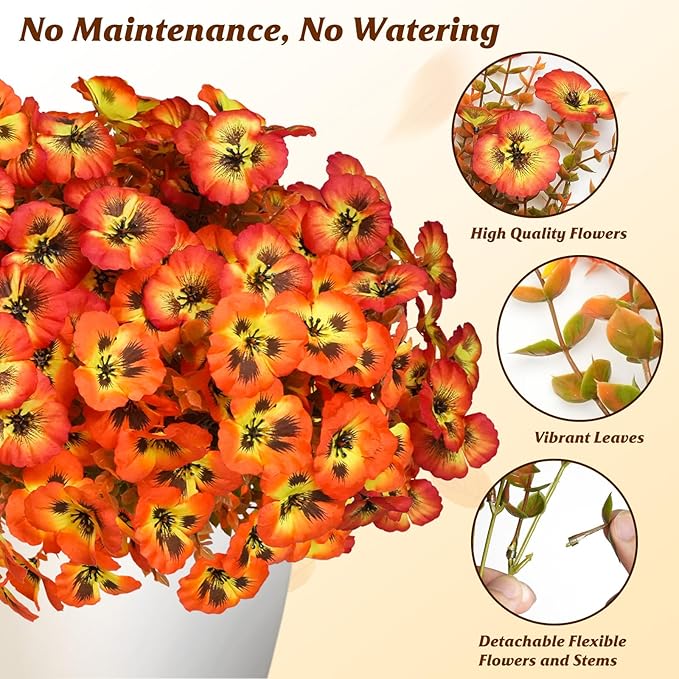18 Bundles Fall Artificial Flowers for Outdoor, UV Resistant Fake Flowers, Silk Faux Pansies Flowers for Thanksgiving Decoration Planters Home Garden Office Patio Front