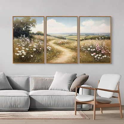 Rantodecor Rustic French Country Framed Canvas Wall Art, Vintage Flower Field Wall Decor, Calming Nature Landscape Art Paintings, Modern Wildflower Artwork for Farmhouse Bedroom Living Room 16"x24"x3