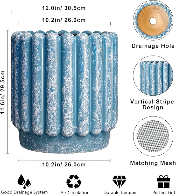Ceramic Pots for Plants - 12 Inch Planter with Drainage Hole, Round Large Flower Pots for Indoor Plants Outdoor, Fluted Decorative Ceramic Planter, Home Office Decor, Garden Gifts, Blue