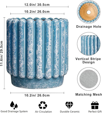 Ceramic Pots for Plants - 12 Inch Planter with Drainage Hole, Round Large Flower Pots for Indoor Plants Outdoor, Fluted Decorative Ceramic Planter, Home Office Decor, Garden Gifts, Blue