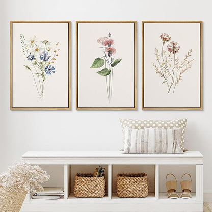 Ashbrook Framed Canvas Print Wall Art Set Pastel Flower Variety Nature Wilderness Illustrations Modern Art Decorative Floral Botanical Minimal Calm/Relax/Cozy for Bedroom - 24"x36"x3 Natural