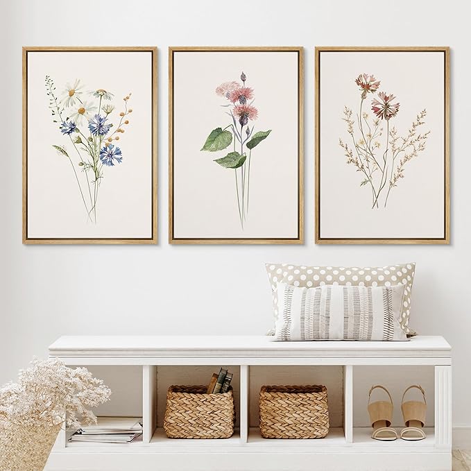 Ashbrook Framed Canvas Print Wall Art Set Pastel Flower Variety Nature Wilderness Illustrations Modern Art Decorative Floral Botanical Minimal Calm/Relax/Cozy for Bedroom - 16"x24"x3 Natural