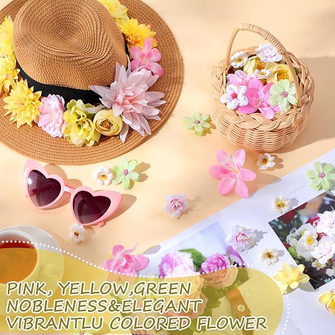 80 Pcs Assorted Fake Flower Heads Mini Artificial Flower Heads Bulk Silk Faux Daisy for Crafts Fake Peony Rose for Wedding Party Wreath Home Decoration (Pink, Green, Yellow)