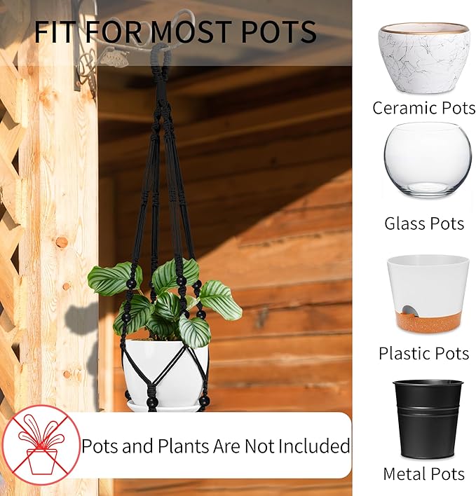 Macrame Plant Hanger - Fits 4 to 13 inches Pots for Indoor Outdoor, 35"/29"/23" Different Sizes Set, Black (POTS NOT Included)