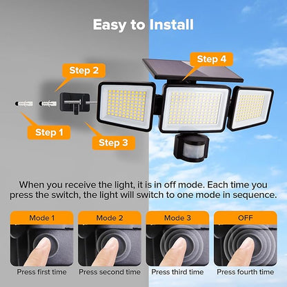 UME Solar Outdoor Lights 302 LED 3000LM, IP65 Waterproof Motion Sensor Outdoor Lights, 3 Heads Solar Security Flood Lights 270 Wide Lighting Angle with 3 Modes for Garden Patio Yard - 2 Pack