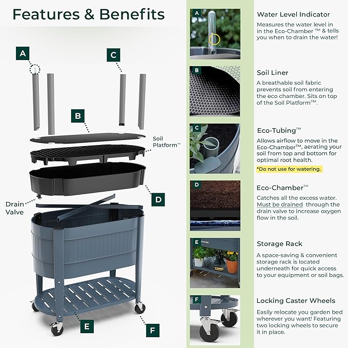 Permasteel Raised Garden Bed with Legs, Planter Box with EnGrow™ TrueSoil™ Technology for Vegetables, Flowers, Herbs, and Fruit, Outdoor Indoor, Storage Shelf, Caster Wheels, Blue