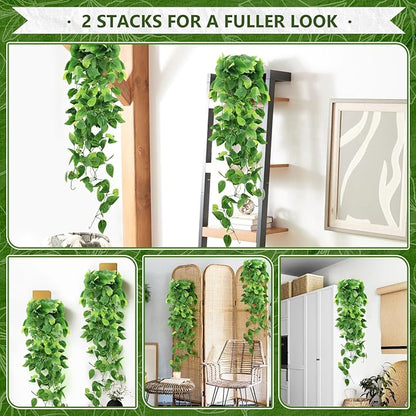2-Pack Fake Hanging Plants, Faux Hanging Plant Artificial Greenery for Living Room Bedroom Boho Wall Shelf Indoor Outdoor Decor (Green Pothos Ivy Vines)