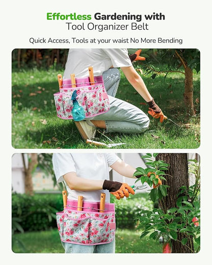 All-in-One Garden Tool Set with Tools Organizer Belt Adjustable, 10-Piece Gardening Hand Tools, Long Lasting Rust-Proof Premium Garden Tool Kit, Gardening Gift for Women Men (Pink)