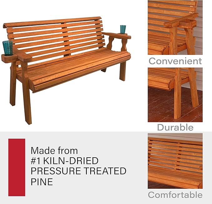 Amish Casual Heavy Duty Pressure Treated 5 Foot Outdoor Garden Bench with Cup Holders - Amish Crafted Roll Back Design in Cedar Stain, 700 Lb Weight Capacity