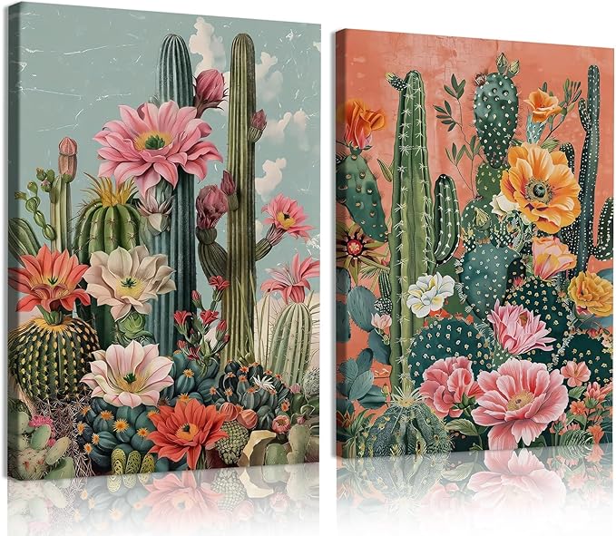 RUMSICH 2Pieces Mexican Cactus Canvas Wall Cover Art Vintage Desert Floral Wall Decor Paintings Southwestern Artwork Pictures Bohemian Botanical Posters Print Bedroom Bathroom Office Decor 12×16 Inch