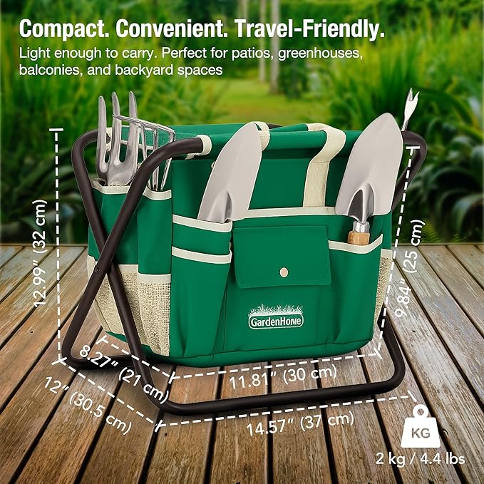 GardenHOME 7-Piece Gardening Tool Set – Stainless Steel Tools with Wooden Handles, Folding Stool & Canvas Tote, Durable Garden Kit for Women and Beginners