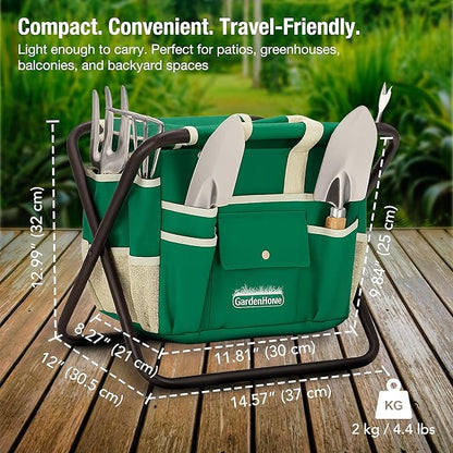 GardenHOME 7-Piece Gardening Tool Set – Stainless Steel Tools with Wooden Handles, Folding Stool & Canvas Tote, Durable Garden Kit for Women and Beginners