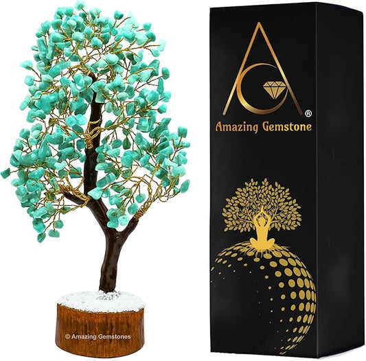 Amazing Gemstone Amazonite Natural Healing Premium Crystal Bonsai Feng Shui Fortune Money Tree of Life for Home Office Decor (Gift Box Ready) (10-12 Inch)