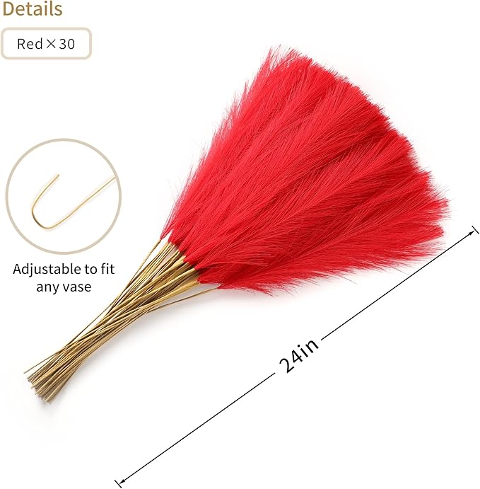 Red Pampas Grass Decor - 30pcs 24 Inch Short Artificial Pampas Grass Decor, Fake Pompas Floral for Vase Filler, Wedding Flower Arrangement, Party and Home Decor (Red)