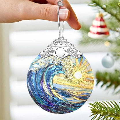 Sea Wave Ornament – Christmas Decoration & Christmas Ornament; Stained Glass Holiday Decoration (Holiday Present, Bauble Present, Gift Idea, Gift Exchange) | Heirloom Keepsakes