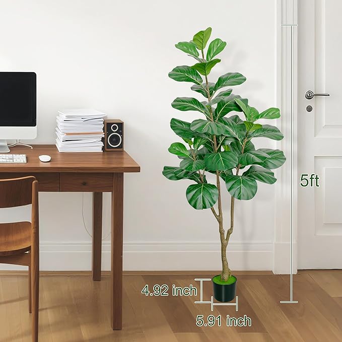 5ft Artificial Fiddle Leaf Fig Tree, Faux Ficus Lyrata Fake Tree with Black Planter Fake Fig Tree for Indoor Outdoor Home Office Decoration