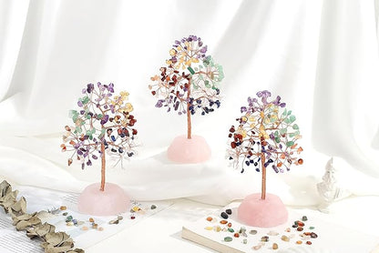 SITUMEIZI 7 Chakra Crystals 7.09IN Healing Stones Natural Rose Quartz Base Copper Wire Tree Life Reiki Gifts for Women Sister Room Office Desk Decor Birthday House Warming Gift