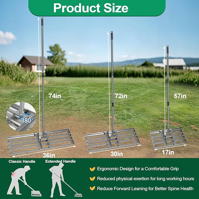 Lawn Leveling Rake, 36"x10" Heavy Duty Leveling Rake for Soil, Sand, Compost, Gravel, Steel Lawn Leveler with Adjustable Handle, Level Yard Tool for Backyard, Garden, Farm, Golf Course