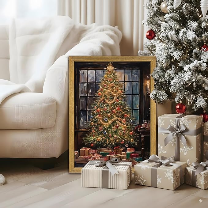 Christmas Canvas Wall Art, Vintage Christmas Tree Decor, Living Room Pine Tree Decorations, Winter Cottagecore, Decor for Bedroom Bathroom Xmas Holiday Decorations Gifts 12x16 Inch Wood Framed