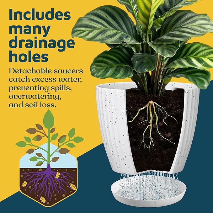 White Gray 6-Inch Plant Pots with Drainage & Saucers 24 Pack, Indoor & Outdoor Planters for Houseplants, Herbs, and Flowers, Durable & Weatherproof Material, Stackable, Lightweight, Minimalist Design