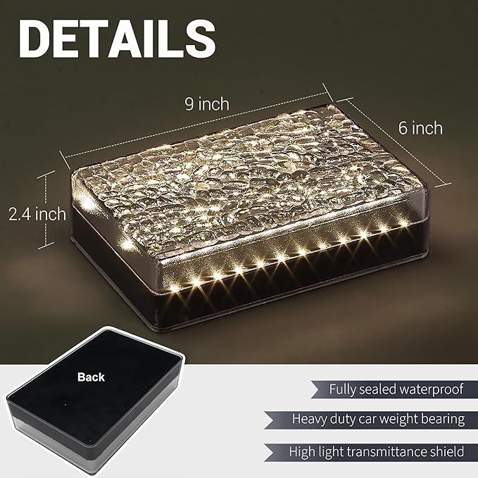 Solar Paver Outdoor Lights, 6x9 Recessed Brick Light, Heavy Duty IP67 Waterproof LED, Landscape Lighting for Ground, Pool, Garden, Driveway (Warm White, 1Pack)