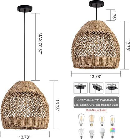 Boho Rattan Pendant Lights 13.8" Hand-Woven Farmhouse Dining Room Light Fixture Bell Ceiling Hanging Chandelier Handwoven Seagrass Lampshade for Kitchen Island Entry Living Room Bedroom Foyer