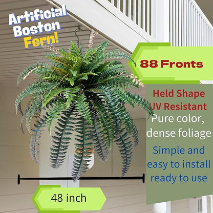 Giant Artificial Boston Ferns for Outdoors Large –UV Resistant Lifelike Faux Fern, Realistic Silk Greenery Plants Large Office, Home Decor,90 Branches,48 Inch Fake Fern Leaf Green.No Base.