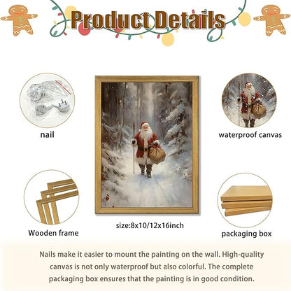 Christmas Wall Art, Vintage Santa Claus Wall Decor, Santa Claus Is Coming To Town Painting Artwork Canvas Prints, Country Winter Christmas Holiday Poster Pictures for Home Bedroom 8x10 Inch Framed