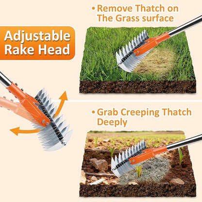Thatch Rake -15 Inch Dethatcher Rake with Adjustable Handle, Efficient Steel Metal Gass Rakes with Handle,Heavy Duty Thatching Rakes for Lawn,Garden, Yard