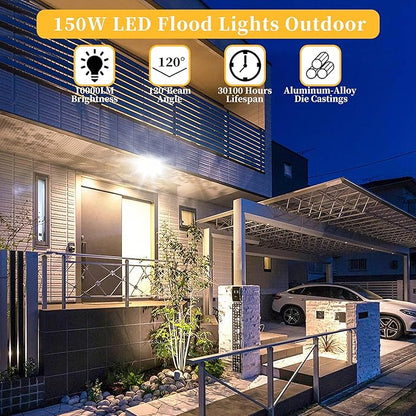 2 Pack 150W LED Flood Light Outdoor Plug in,15000 LM Super Bright Security Lights,IP66 Waterproof LED Work Light 6000K Daylight White,Floodlights for Garage,Yard,Garden,Playground