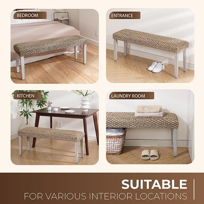 Solid Wood Acacia Bench with Natural Woven Seat, Boho Bench Entryway, Wood Bench for Living Room, Porch Lawn Garden Yard or Entryway (Plait Style - Grey Leg, Water Hyacinth)
