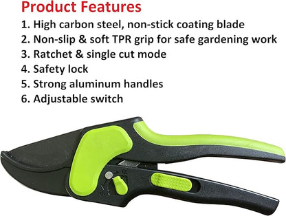 Garden Guru 2 in 1 Ratchet Pruning Shears Clippers – 4X Cutting Power – Ratcheting Garden Anvil Pruners Scissors - Ergonomic Grip - Makes Tough Cuts Easy - Great for Seniors & Arthritic Hands