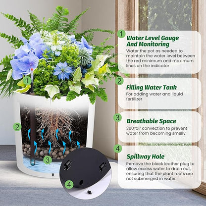 Tall Round Planter Set of 2, 19.5‘’ H x 19.9" Dia Large Planters for Indoor Plants with Built-in Drainage and a Water Level Monitor and Wheels for Patio, Porch, Living Room, or Home Office, White