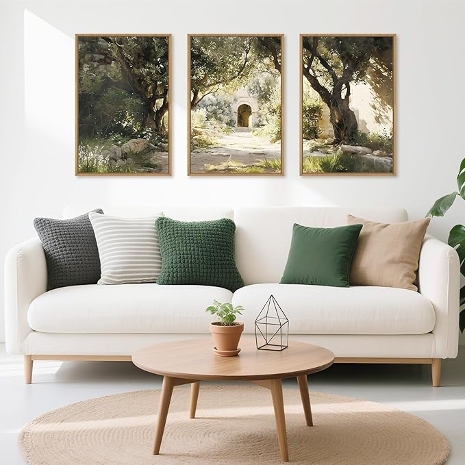 Ausril Garden of Gethsemane Landscape Framed Canvas Wall Art, Jerusalem Town Villages Scenery Prints, Jesus Boho Religious Decor, Christian Bible Art Painting for Bedroom Living Room Office 16"x24"x3