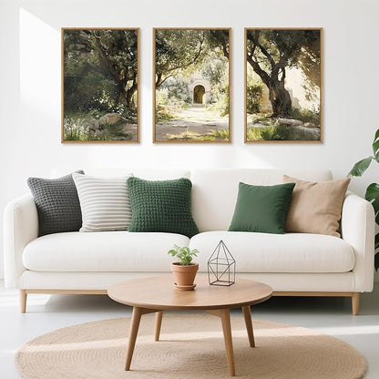Ausril Garden of Gethsemane Landscape Framed Canvas Wall Art, Jerusalem Town Villages Scenery Prints, Jesus Boho Religious Decor, Christian Bible Art Painting for Bedroom Living Room Office 16"x24"x3