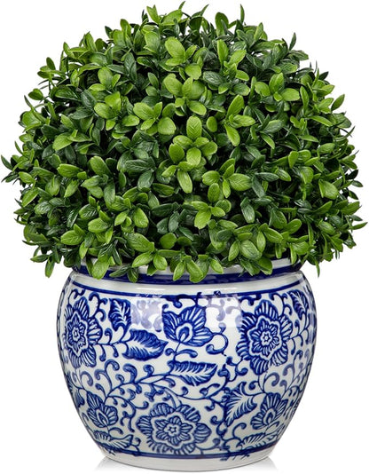 DILATATA Artificial Topiary Boxwood Ball in Blue and White Ceramic Pot, 10 Inch Artificial Boxwood in Planters Decorative Fake Greenery for Table Centerpiece Indoor Plant Home Decor - Medium