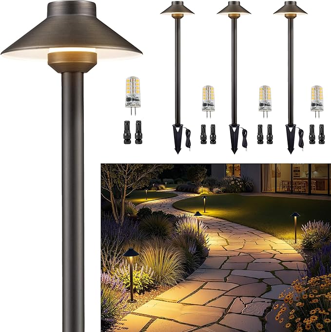 Gardenreet Low Voltage Landscape Lighting Brass, 12v Pathway Lights Waterproof, Hard Wired Path Light Outdoor, Bronze for Exterior Area Patio House with 3W 270LM 3000K Warm White G4 Bulb (4 Pack)
