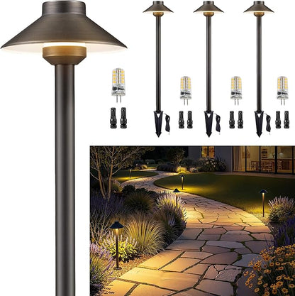 Gardenreet Low Voltage Landscape Lighting Brass, 12v Pathway Lights Waterproof, Hard Wired Path Light Outdoor, Bronze for Exterior Area Patio House with 3W 270LM 3000K Warm White G4 Bulb (4 Pack)