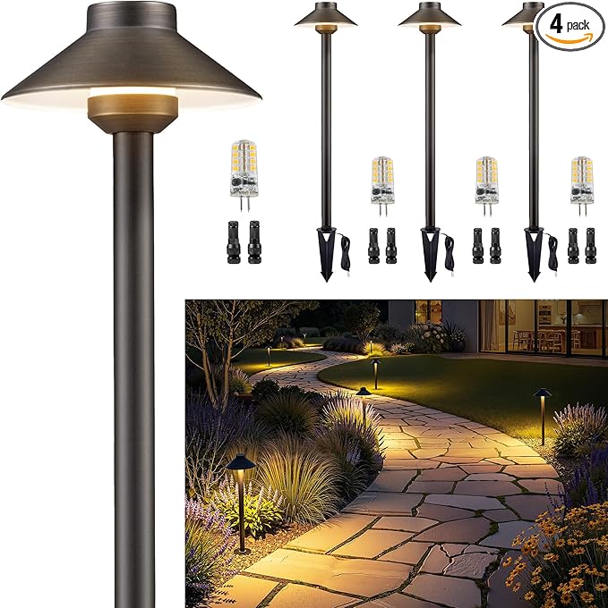Gardenreet Low Voltage Landscape Lighting Brass - 12v Pathway Lights Waterproof, Hard Wired Path Light Outdoor, Mushroom Bronze for Exterior Area Patio House with 3W 5000K Daylight G4 Bulb (4 Pack)