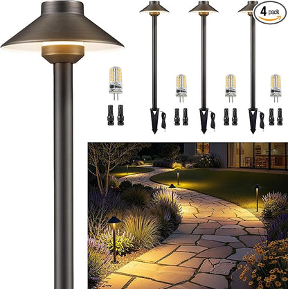 Gardenreet Low Voltage Landscape Lighting Brass - 12v Pathway Lights Waterproof, Hard Wired Path Light Outdoor, Mushroom Bronze for Exterior Area Patio House with 3W 5000K Daylight G4 Bulb (4 Pack)