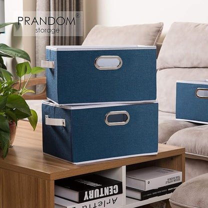 PRANDOM Larger Collapsible Storage Bins for Closet [5-pack] Decorative Linen Fabric Storage Baskets Cubes with Leather/Metal Handles for Living Room Royal Blue (17.3x12.2x10.4 Inch)