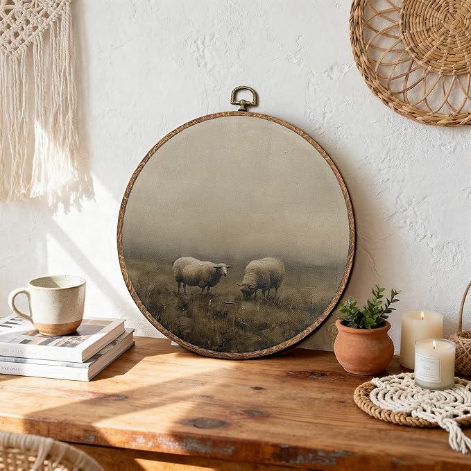 DEQSX Vintage Farmhouse Sheep Round Wall Art, Rustic Cottagecore Countryside Landscape Farm Animals Wall Decor Canvas Prints Posters for Home Bedroom Living Room, 10x10 Inches