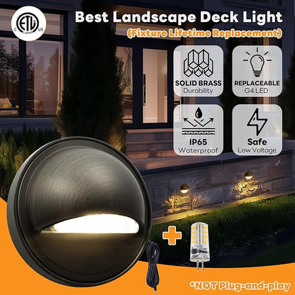 Gardenreet Low Voltage Deck Lights - Landscape Solid Brass Step Lights Outdoor, 12V LED Hardwired Waterproof, Round Bronze Lighting for Fence Wall Stair with 2700K Warm White G4 Bulb 8 Pack