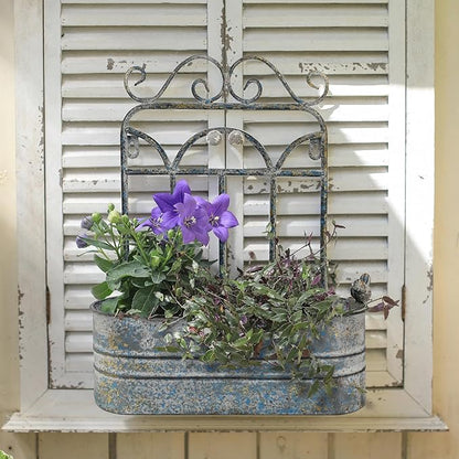 Rustic Metal Wall Planter Vintage Wall Mounted Flower Pot Distressed Wall Hanging Plant Basket Farmhouse Wall Decor for Indoor Outdoor Garden Home Yard (Gray)