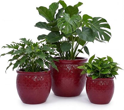 Tiered 3-Piece Ceramic Planter Set (9, 12, 15 Inch) with Drainage Holes & Saucers for Indoor Outdoor Plants, Modern Garden Pots for Succulents, Herbs, Flowers on Patio, Balcony, Windowsill - Red (Red)