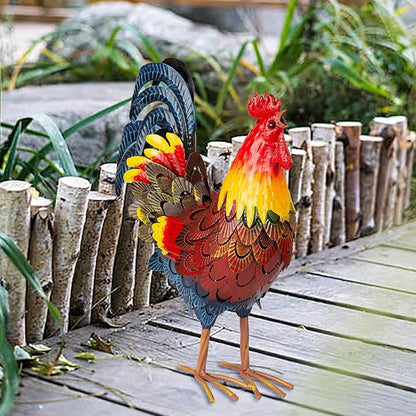 Metal Rooster Statues, Garden Chicken Decorations, Outdoor Chicken Sculptures, Metal Yard Rooster Artwork for Yard Farm Patio Lawn Porch Kitchen Decoration (Red)