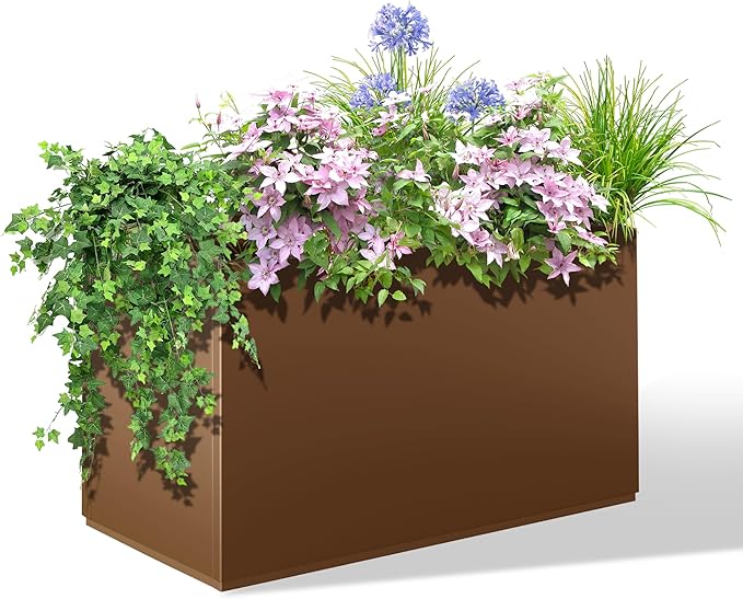 Large Metal Planter Box for Indoor & Outdoor Plants, Flowers, Rectangular Planters with Drainage Holes for Patio, Front Porch, All-Weather Use (32" L x 10" W x 16" H, Brown)
