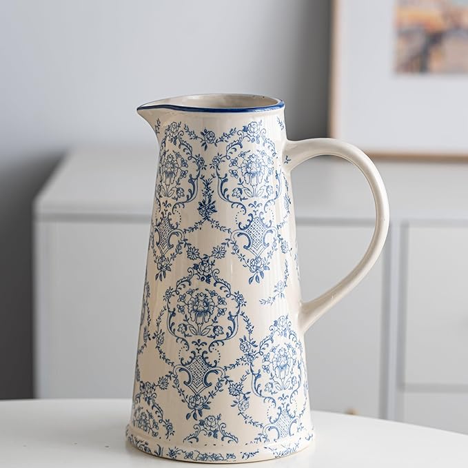 Blue and White Vase, Vintage Blue Ceramic Flower Vessel,Ceramic vases for Home Decor,Vintage Vase for Home Decor, Living Room, Shelf, Office, Rustic Table Centerpiece (Tall)