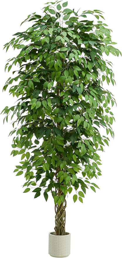 Artificial Ficus Tree：6FT Faux Silk Floor Plant Realistic Tall Fake Ficus Large Potted with Braided Trunk Lush & Green Leaves Pot for Home Office Room Decor Indoor & Outdoor (6FT,1-Pack,White)