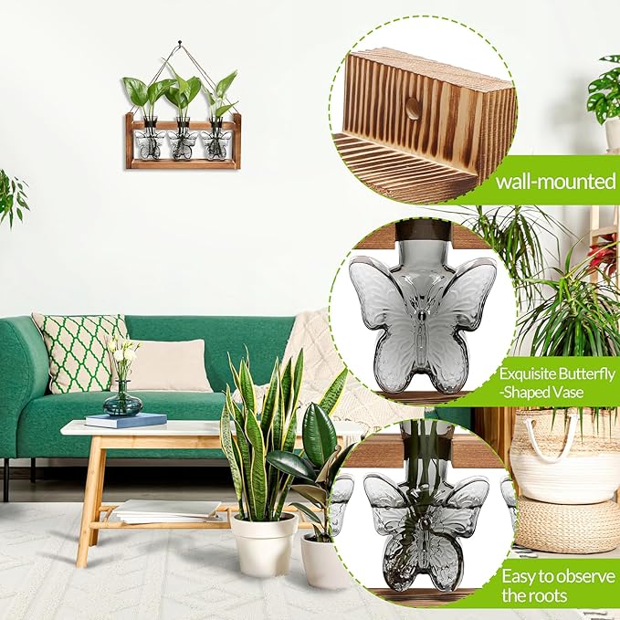Glass Plant Propagation Station Butterfly Planter Vase with Wooden Stand Birthday Gifts for Women Mom Plant Lovers Office Home Decoration